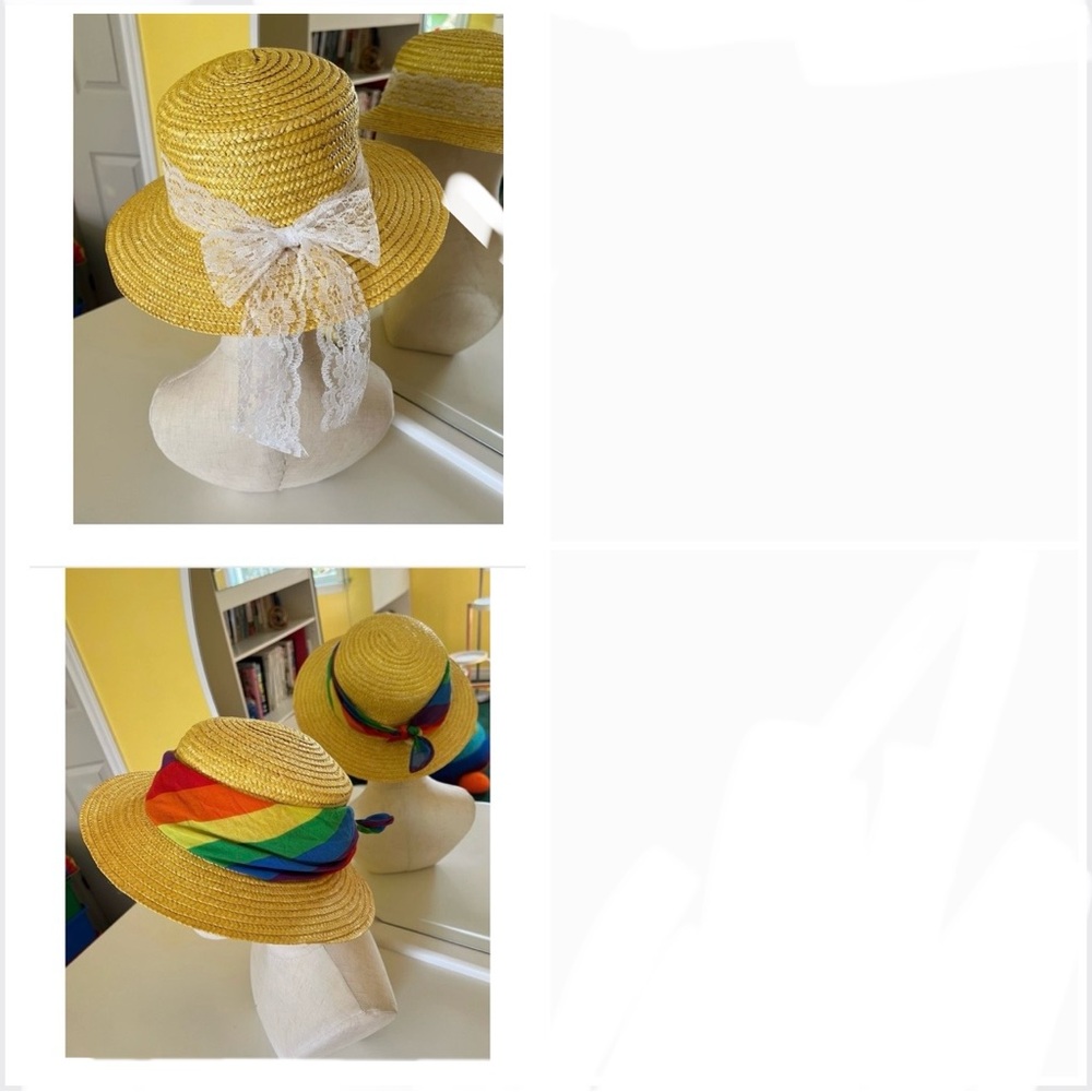 1980s Yellow Straw Hat, Round Crown, Incl. White Lace Ribbon & Rainbow Bandana - Picture 6 of 16